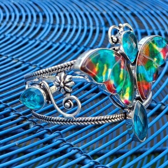 Dichroic Glass & Sky Blue Topaz Butterfly Cuff Bracelet – S925 Sterling Silver - Picture 9 of 14
